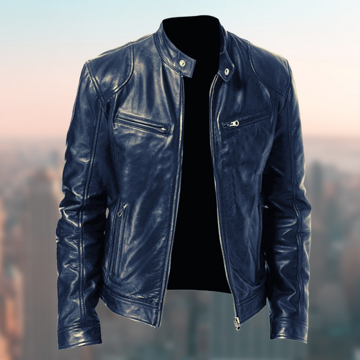 Close-up of a men's classic jacket, highlighting zipper front and tailored fit for a smart casual look.