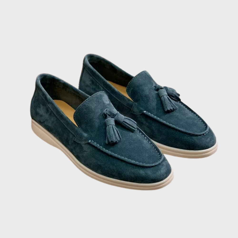 Man wearing Men's Classic Suede Tassel Loafers with smart casual attire, demonstrating styling options.