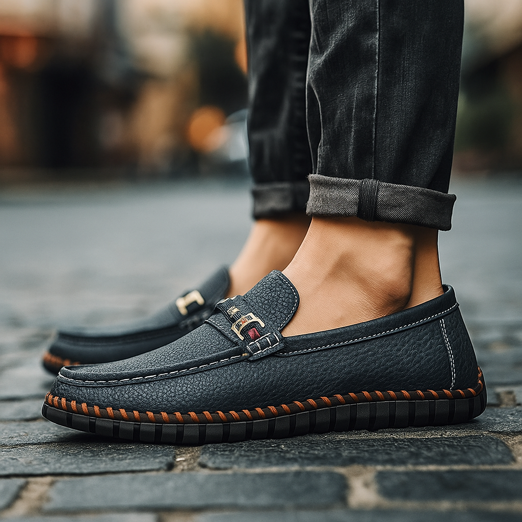 Top-down shot of men's classic leather bit loafers in a rich burgundy, perfect for dressy outfits