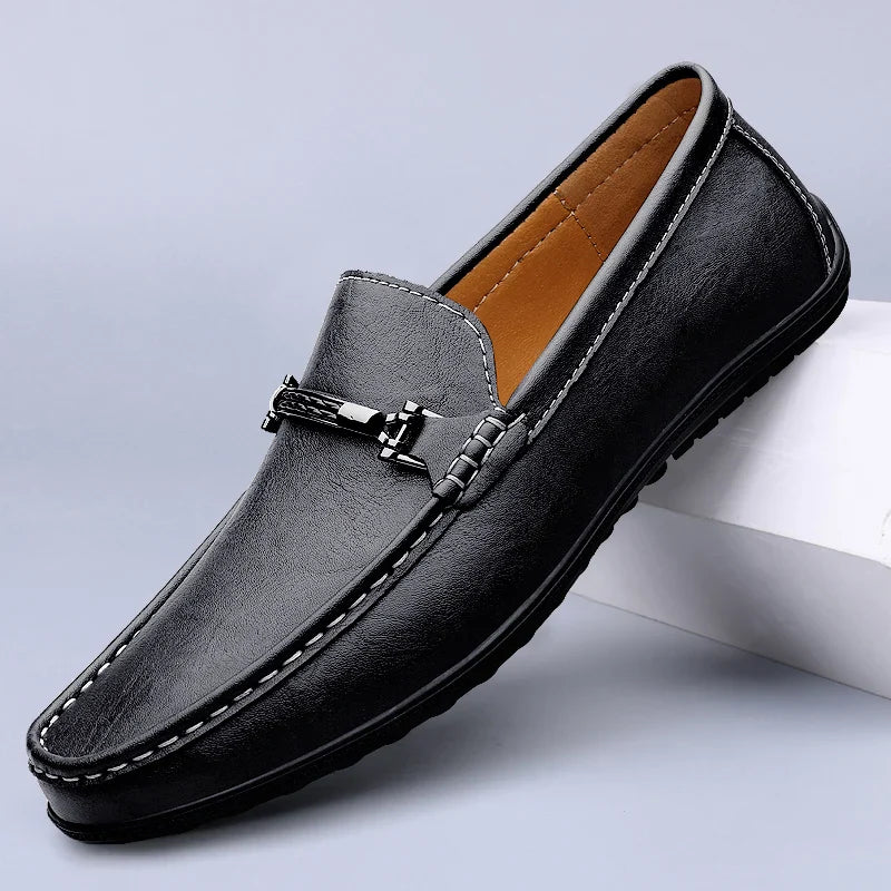 Collection of men's leather bit loafers in various classic colors: black, brown, tan