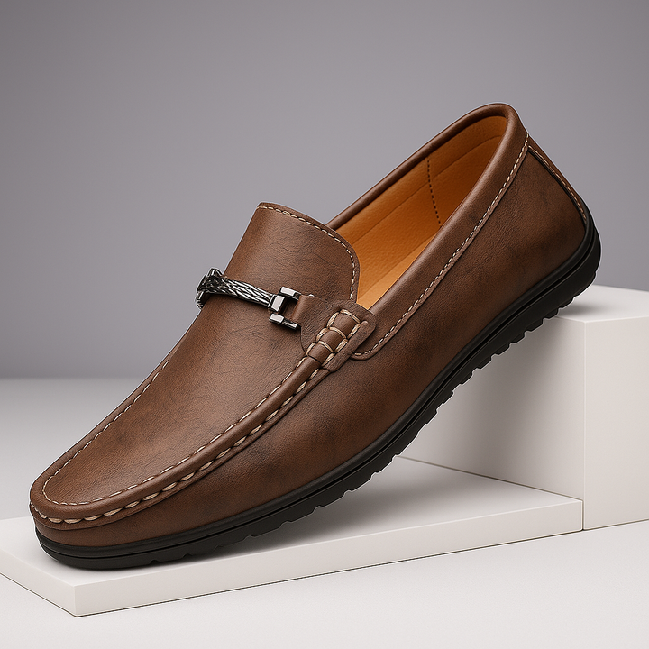 Side view of men's dark brown leather bit loafers, classic slip-on design