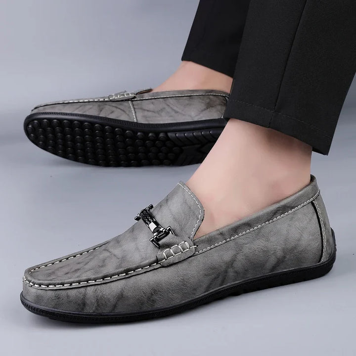 Detail of stitching and texture on men's premium leather bit loafers