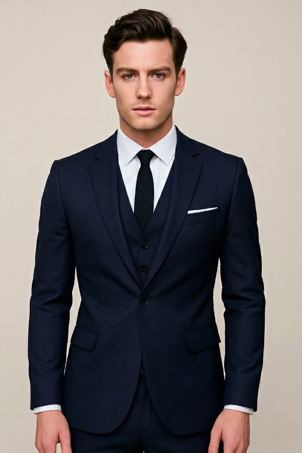 Men's classic three-piece formal suit in dark navy, perfect for weddings & business attire