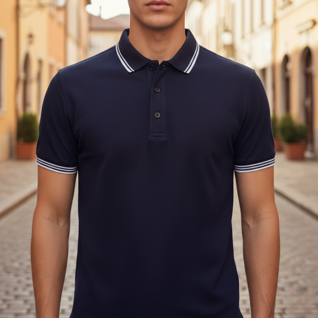 Men's classic tipped polo shirt, short sleeve, tailored fit. Perfect for casual or business casual style.