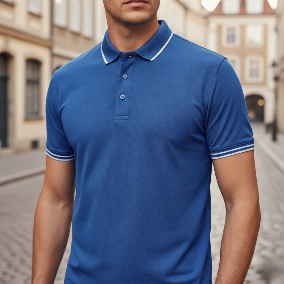 Men's business casual polo shirt, short sleeve, classic tipped. Tailored fit for sharp, comfortable style.