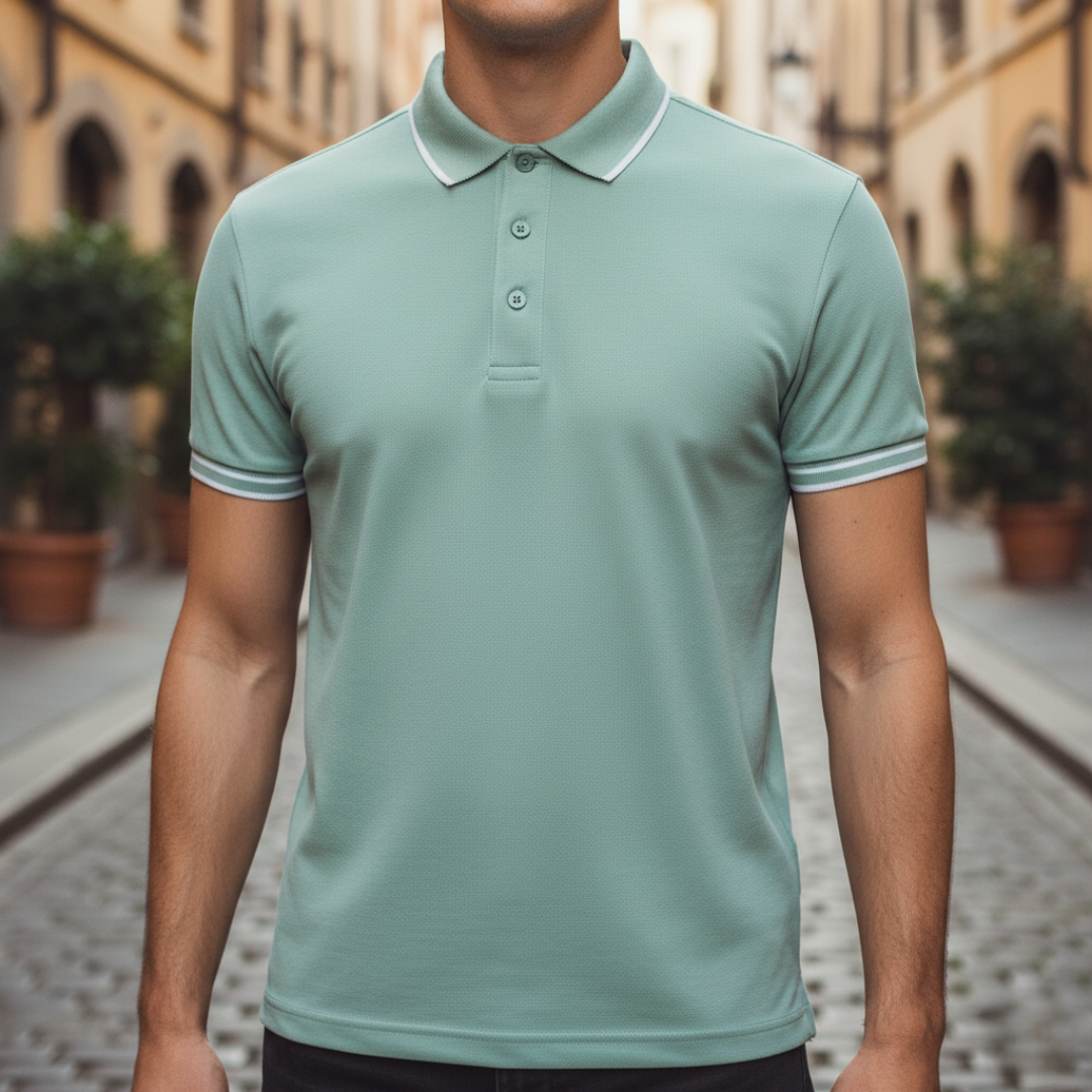 Men's summer golf polo shirt, short sleeve, moisture-wicking. Classic tipped style, perfect for the course.