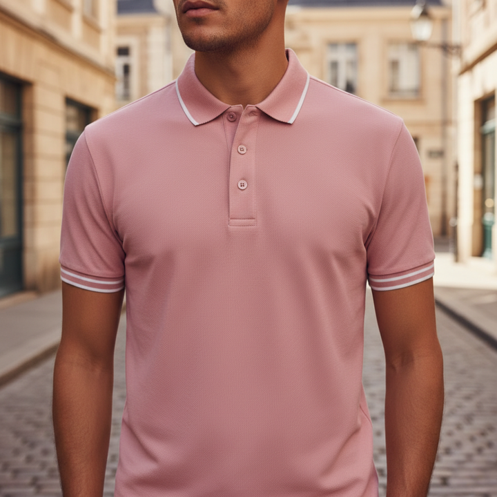 Modern classic men's tipped polo shirt, short sleeve. Comfortable, versatile, perfect for everyday or golf.