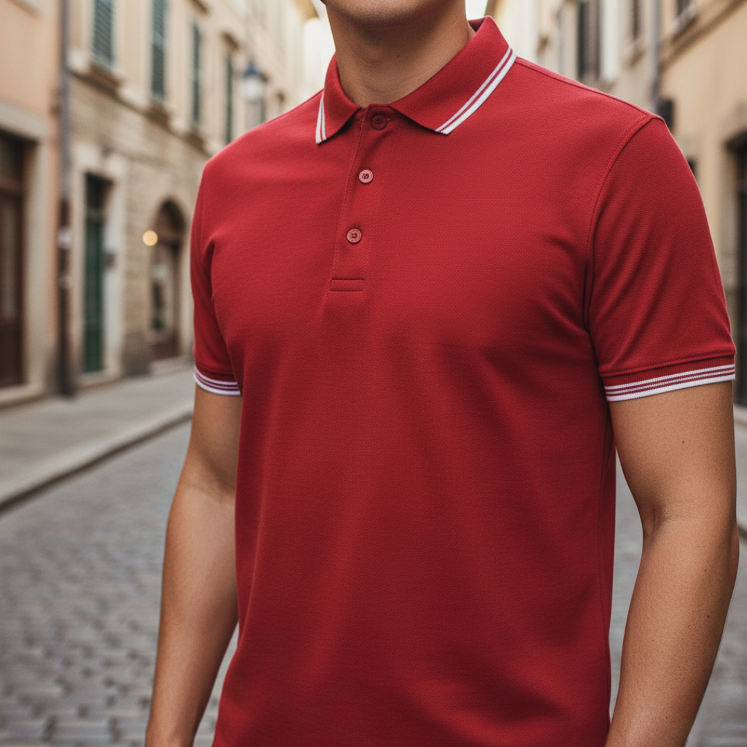 Men's short sleeve polo shirt, detailed with classic tipping on collar & cuffs. Comfortable tailored fit.