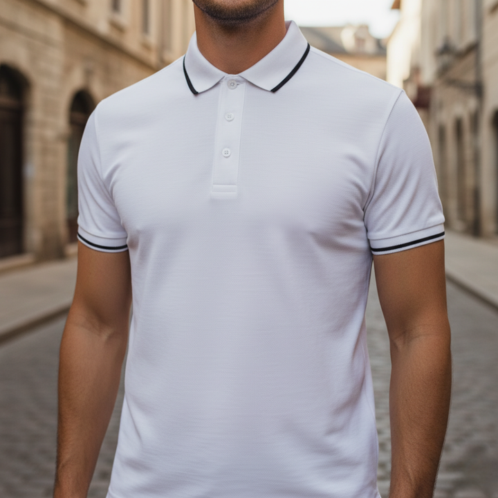Men's comfortable and stylish tipped polo shirt, short sleeve. Versatile for casual, golf, or summer wear.