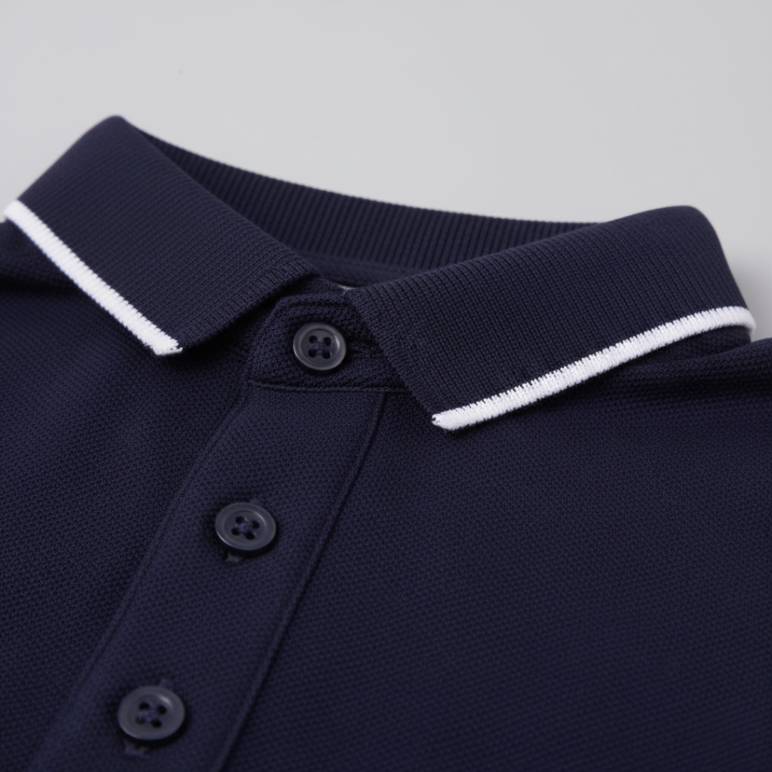 Men's golf polo shirt, short sleeve, moisture-wicking, with classic tipped collar. Tailored for comfort.