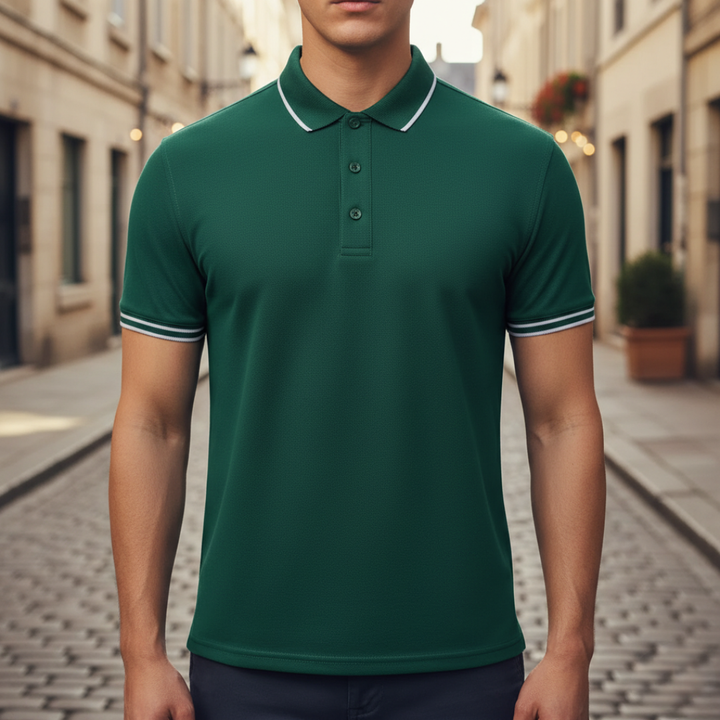 Men's tailored fit polo shirt, short sleeve, featuring smart tipped collar and cuffs. Stylish comfort.