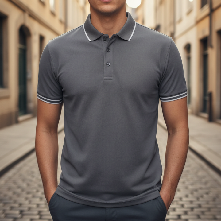 Comfortable & stylish men's short sleeve polo shirt, moisture-wicking. Classic tipped design, tailored fit.