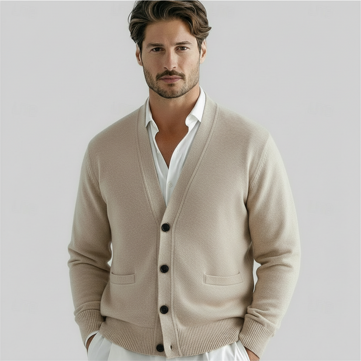 Men's classic V-neck knit cardigan for versatile year-round wear, perfect for smart casual layering.