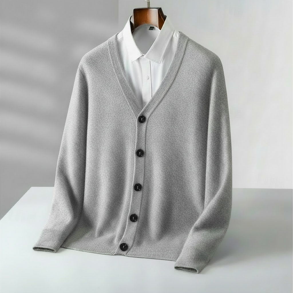 Versatile men's V-neck cardigan, ideal for year-round layering. A stylish addition to any smart casual outfit.