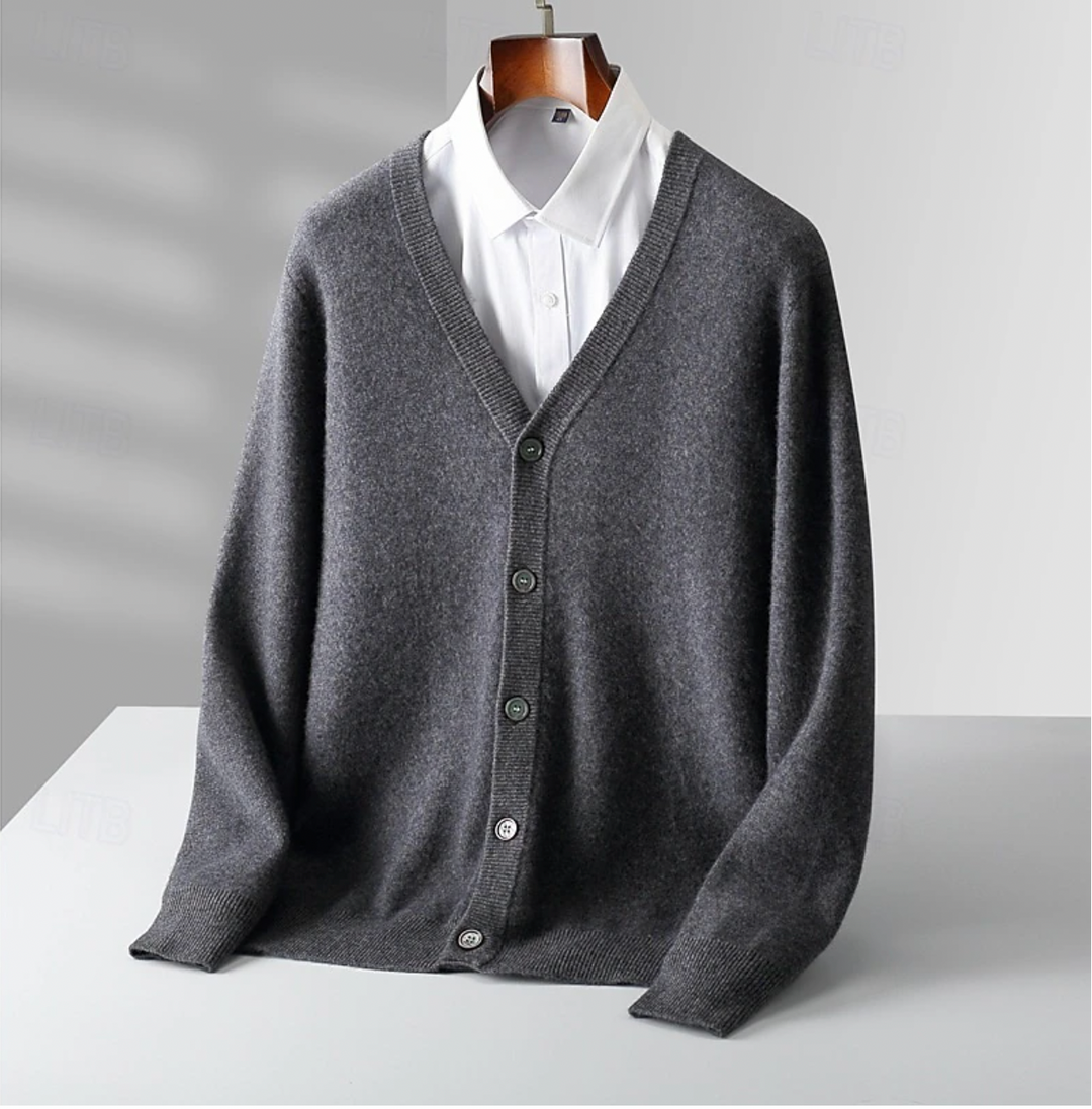 Men's classic V-neck knit cardigan. Comfortable and stylish button-up mens clothing for everyday fashion.