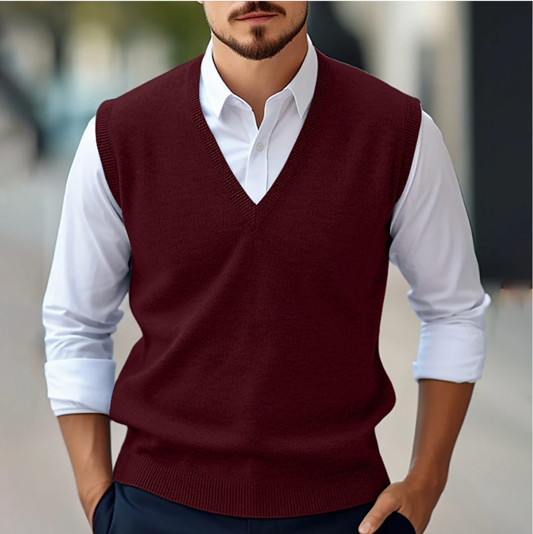 Men's classic V-neck knit sweater vest, perfect for office or casual layering, in a neutral color.