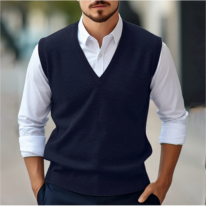 Stylish men's knit vest featuring a V-neck, a versatile layering piece for all seasons.