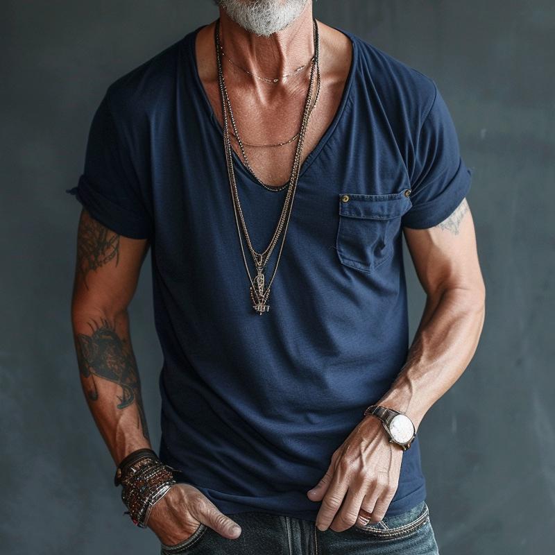 Relaxed fit men's V-neck t-shirt with a chest pocket. Perfect versatile summer basic for men's fashion.