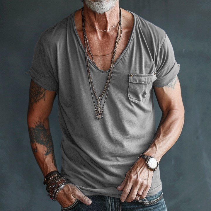 Casual men's short-sleeve V-neck comfort tee. A modern basic pocket t-shirt for versatile everyday style.
