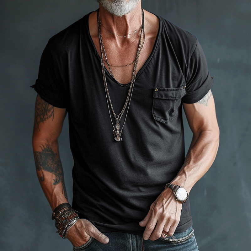 Stylish men's V-neck tee with pocket, ideal for summer casual wear. Relaxed fit for ultimate comfort.