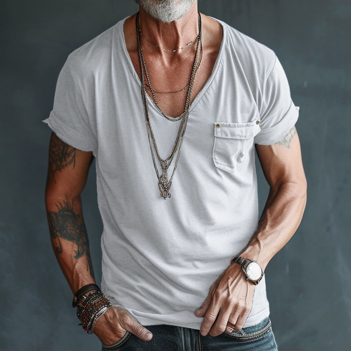 Everyday men's V-neck t-shirt, short sleeve and pocket detail. Essential versatile summer top for men.