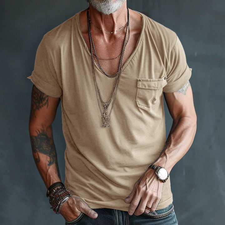 Classic men's V-neck t-shirt with a functional pocket. Short-sleeve casual top for summer everyday wear.
