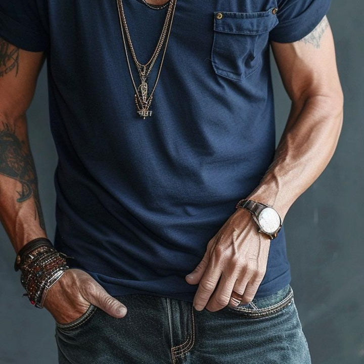Men's V-neck comfort tee with chest pocket. An essential short-sleeve summer shirt for everyday style.