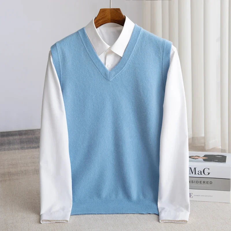 Men's classic V-neck sweater vest, perfect for smart casual or business attire layering.