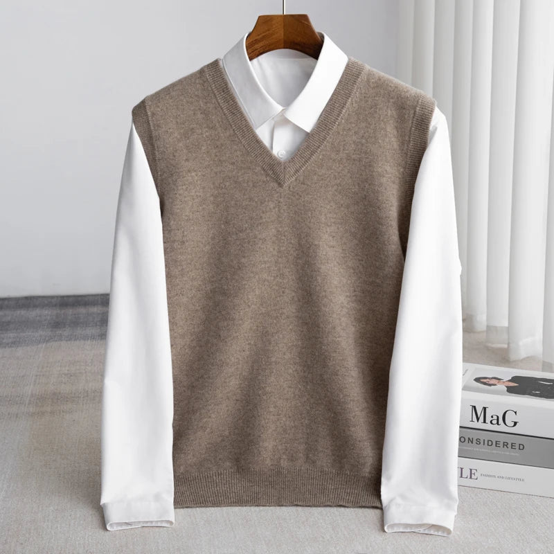 Smart casual men's V-neck sweater vest, a versatile layering piece for any occasion.