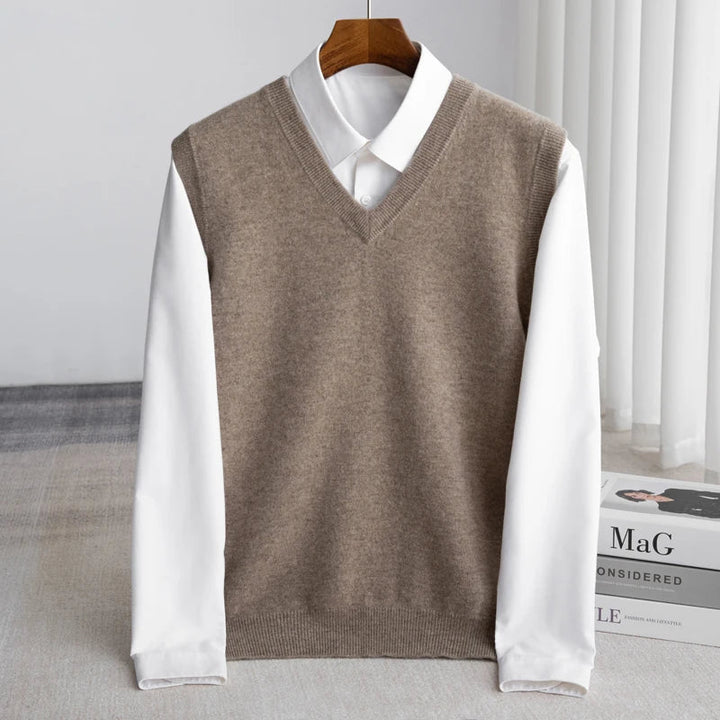 Smart casual men's V-neck sweater vest, a versatile layering piece for any occasion.