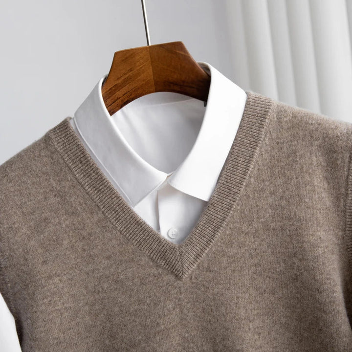 Professional men's V-neck sweater vest, excellent for business attire and office layering.