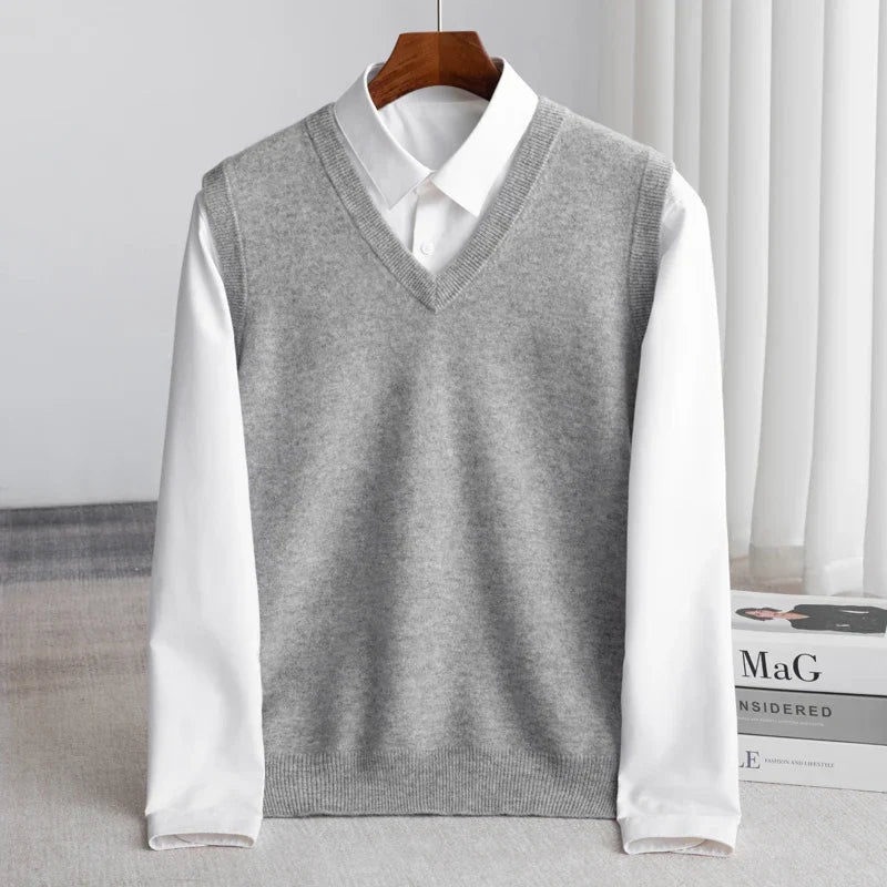 Classic men's V-neck sweater vest, perfect for elegant smart casual or professional layering.