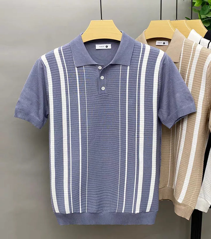 Men's classic vertical stripe polo shirt. Soft cotton knit, breathable for casual & smart casual Italian style.