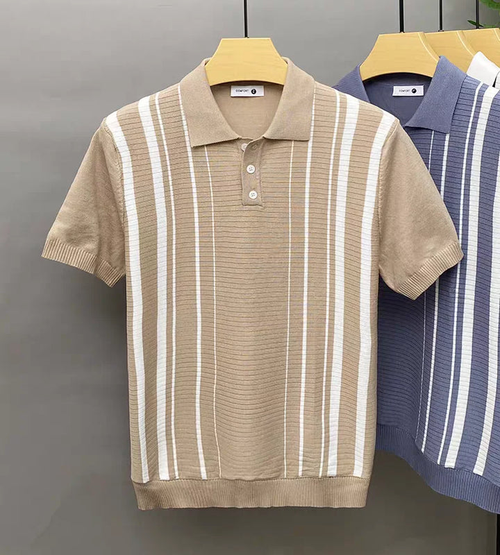 Soft cotton knit men's polo shirt with classic vertical stripes. Ideal for breathable casual & smart casual wear.