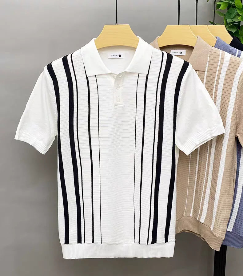 Stylish men's vertical stripe polo shirt in soft, breathable cotton knit. Perfect for smart casual Italian looks.