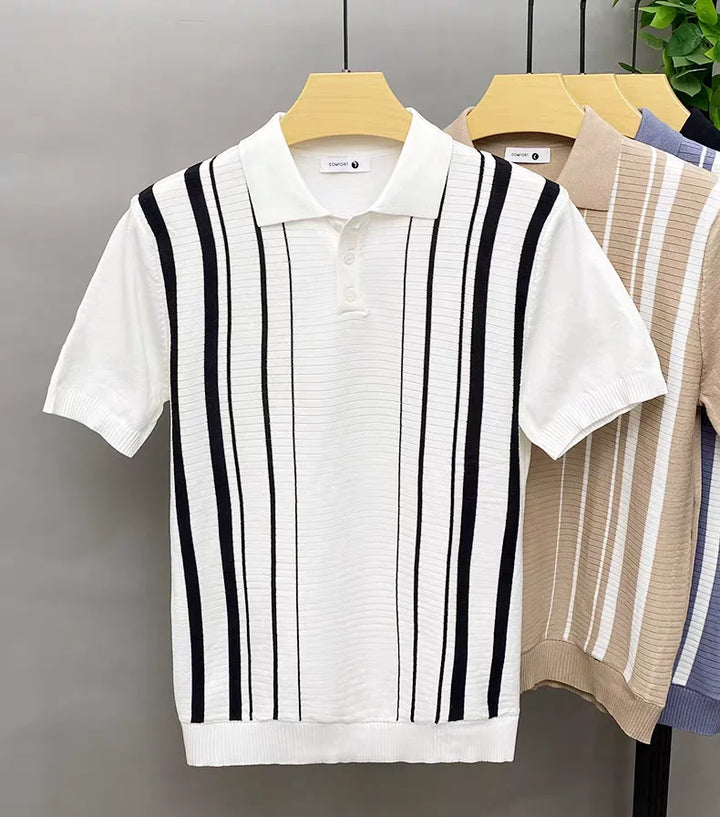 Stylish men's vertical stripe polo shirt in soft, breathable cotton knit. Perfect for smart casual Italian looks.