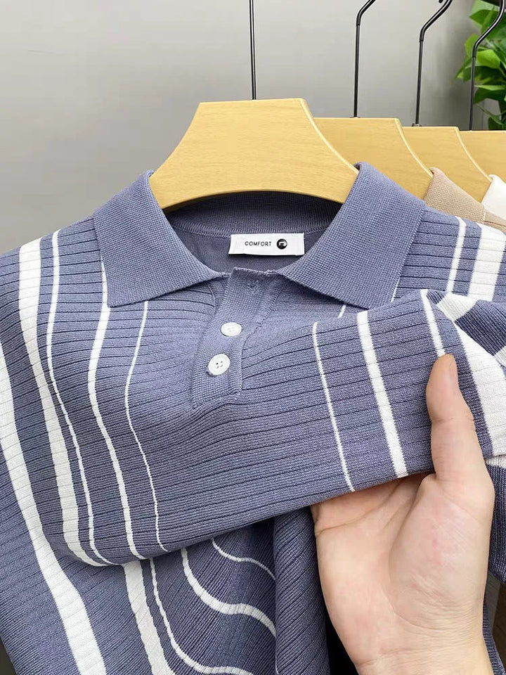 Breathable men's vertical stripe polo in soft cotton knit. A classic smart casual shirt with Italian style.
