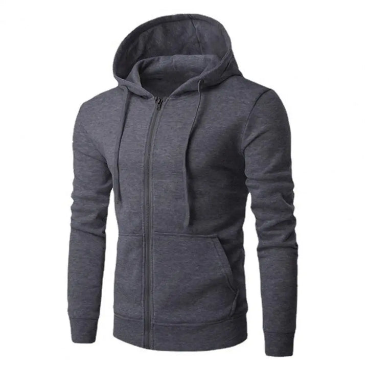 Men's classic zip-up street hoodie in black, full view, casual outerwear for men's fashion