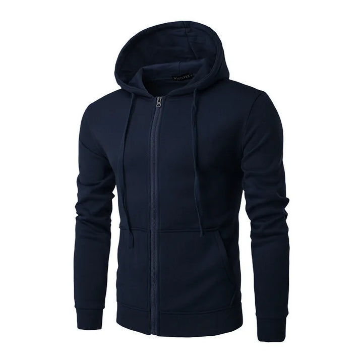 Close-up of the front zipper and hood drawstring on a men's street zip-up hoodie, comfortable
