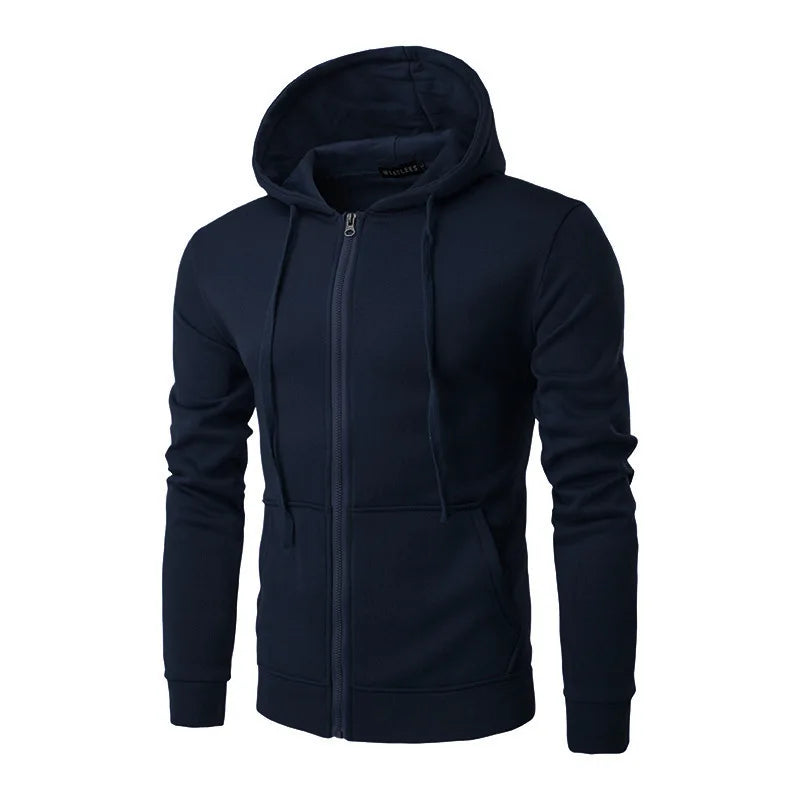 Side profile of a man in a classic zip-up street hoodie, perfect for outerwear and casualwear