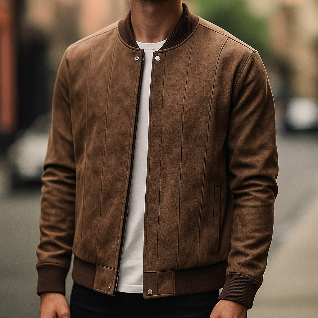 Men's coffee brown premium suede bomber jacket, front view, for casual winter fashion