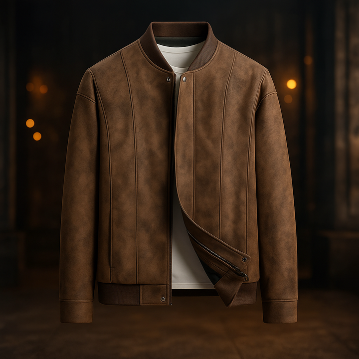 Close-up of premium suede texture on a men's bomber jacket in coffee brown