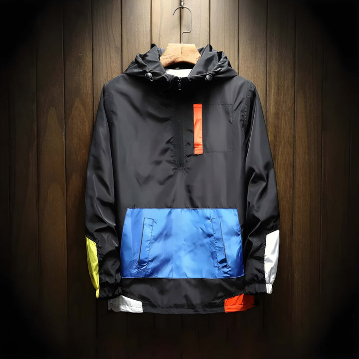 Casual men's color block windbreaker jacket with hood & half-zip closure. Ideal for athletic and daily fashion.