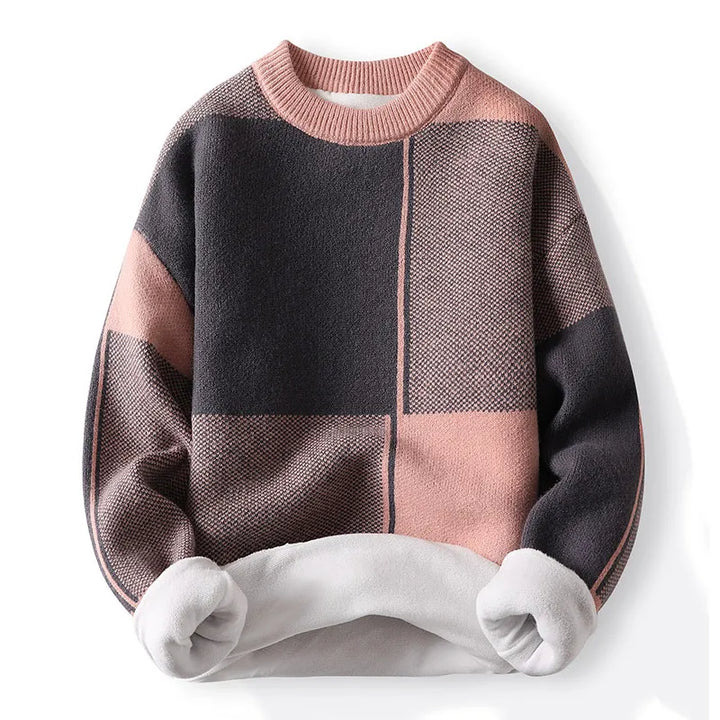 Close-up of a men's long sleeve colorblock crewneck pullover sweater, showcasing fabric texture
