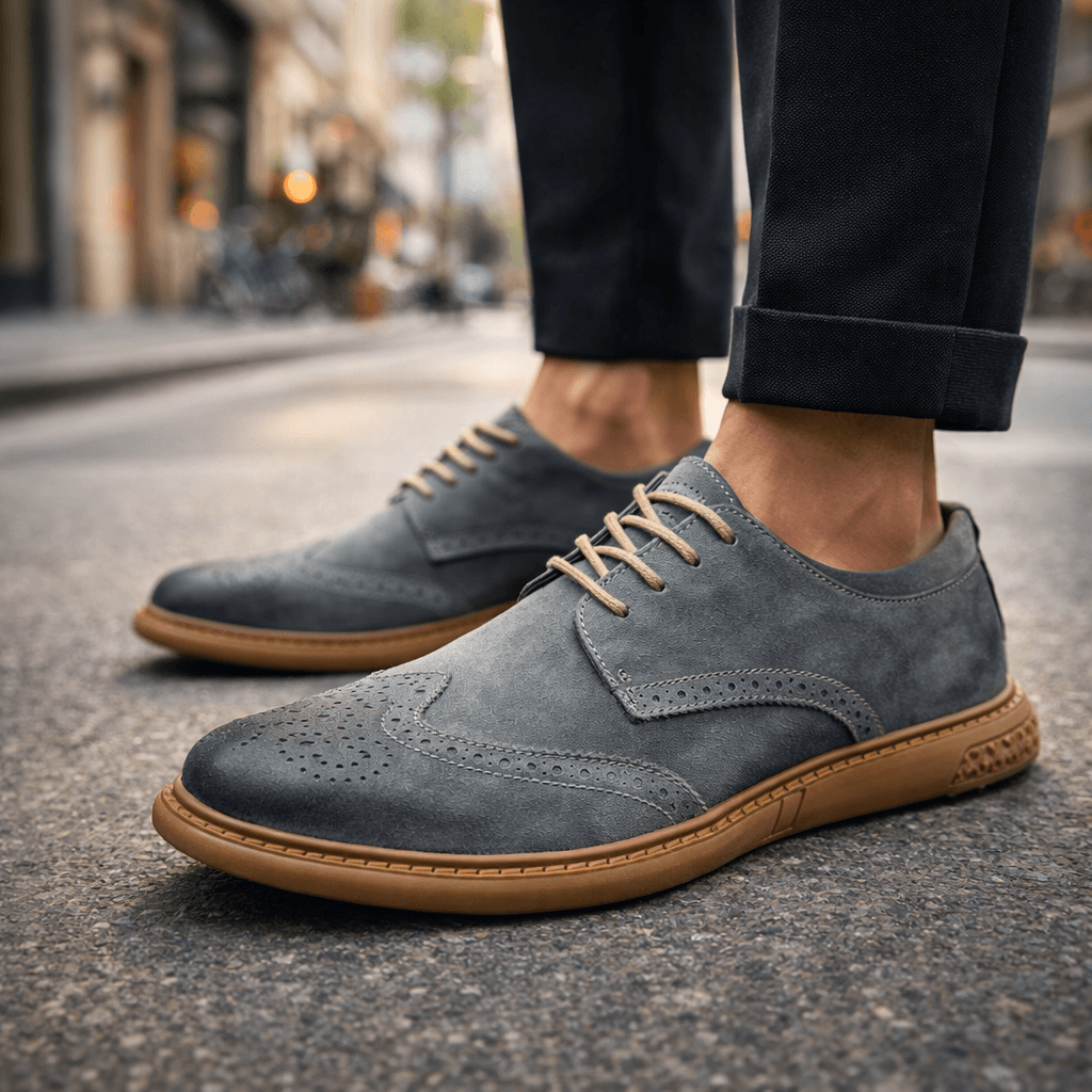 Stylish black lace-up dress shoes for men with subtle brogue details, ideal for formal & casual outfits.