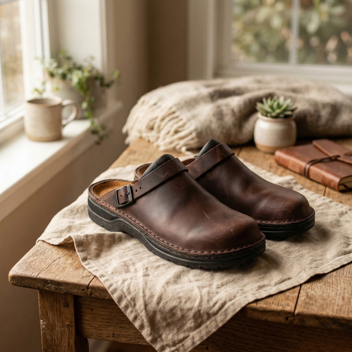 Men's comfortable dark brown slip-on clogs, ideal comfort footwear for versatile casual everyday wear.
