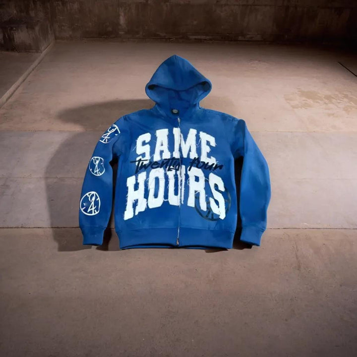 Vibrant men's zip-up hoodie for expressive streetwear. Comfortable, stylish everyday outerwear for casual layering.