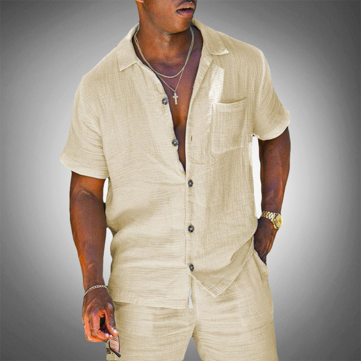 Stylish men's knitted co-ord set for warm weather. Relaxed fit two-piece ideal for holidays & casual spring outfits.