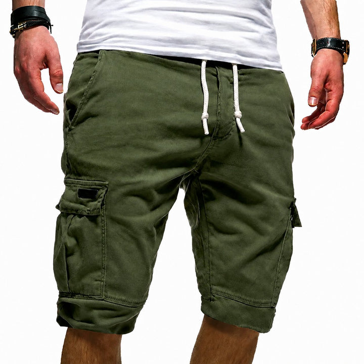 Close-up of comfortable men's cargo shorts fabric, breathable and perfect for warm weather summer walks & outdoor use.