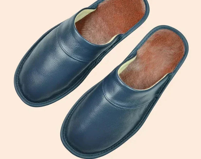 Soft, textured men's comfort slippers, animal-friendly indoor footwear for casual lounge wear.